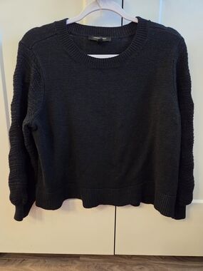 Christian Siriano Black Crewneck Sweater with Textured Knit Sleeves